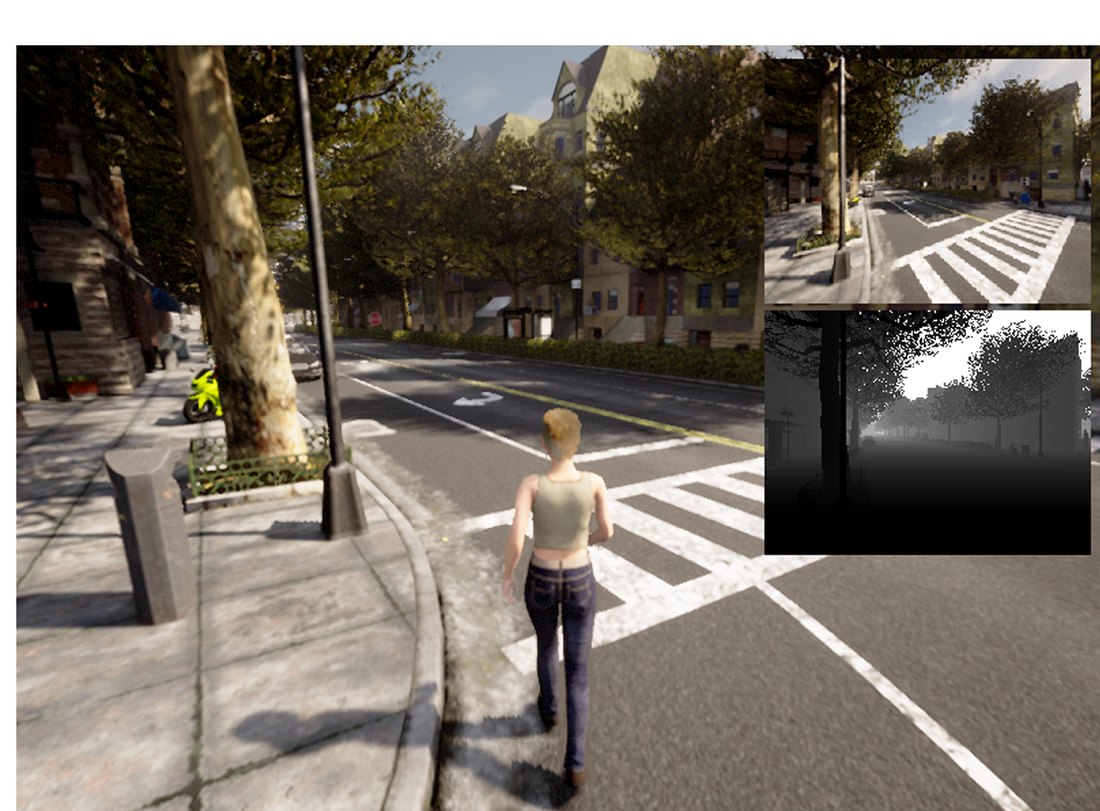 The agent walks the sidewalk toward the corner, its own eye and depth view inset.