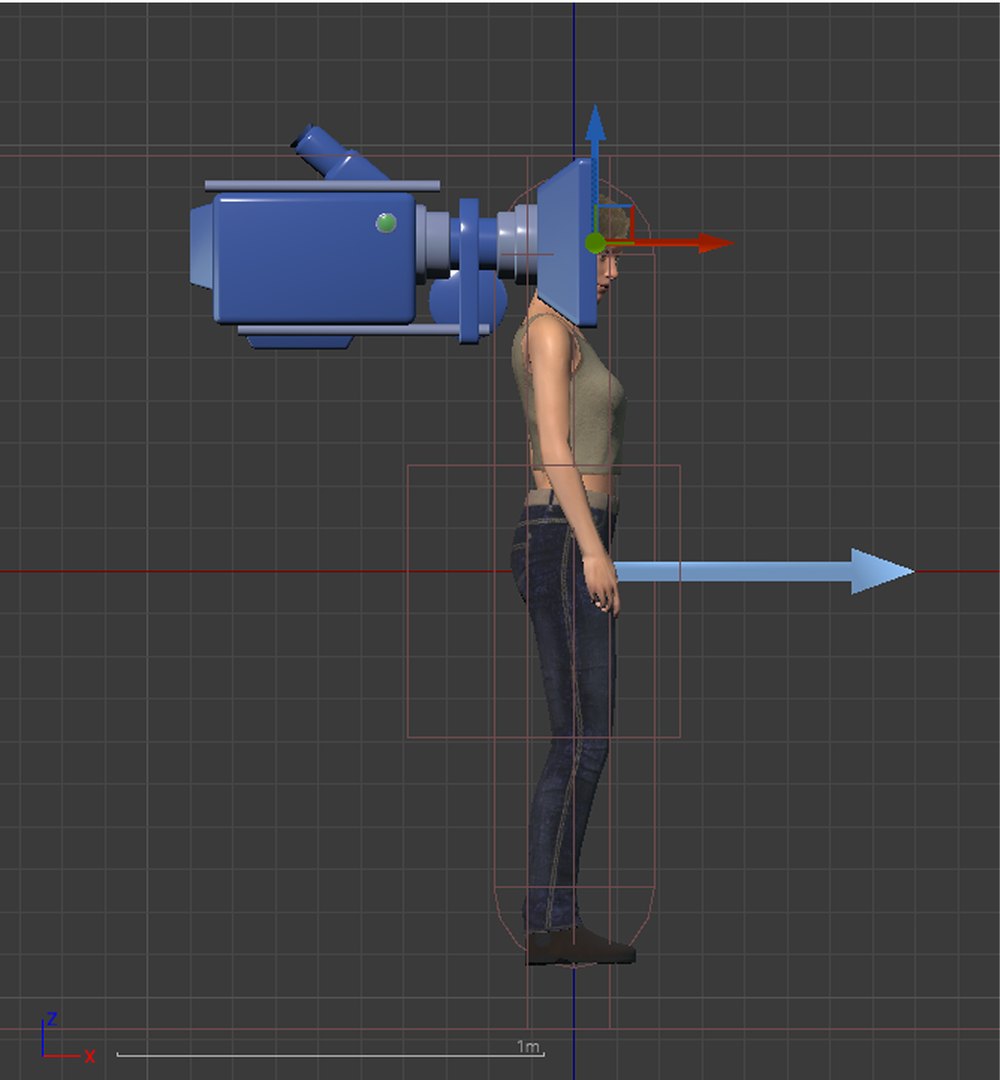A camera rig mounted at the head of a CARLA pedestrian in the engine editor.