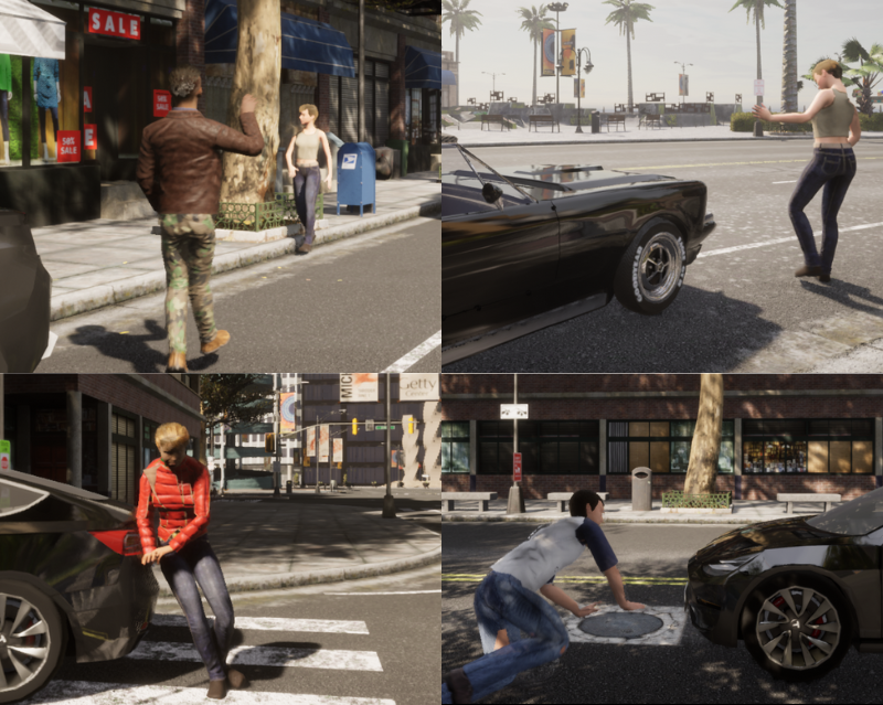 Four CARLA-rendered pedestrians performing generated long-tail behaviours: a street crossing, gesturing at a car, a near-crash recoil, and dropping then picking something up.